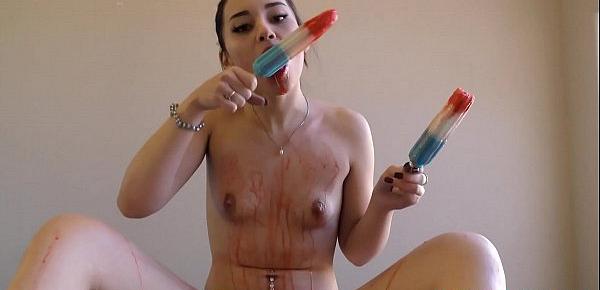  18 Year Old Aria Lee Trying To Give Blowjobs To Huge Popsicles So She Can Learn How To Handle Giant Cocks In Her Mouth